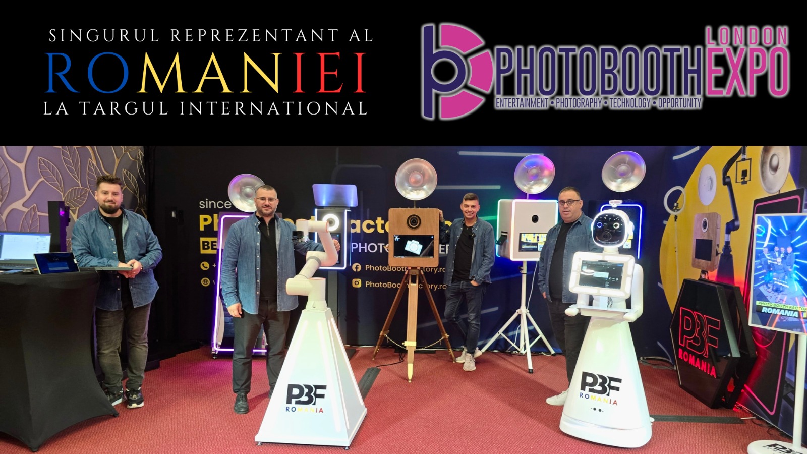 Echipa Photo Booth Factory alături de cabinele foto expuse la târgul internațional Photobooth Expo London